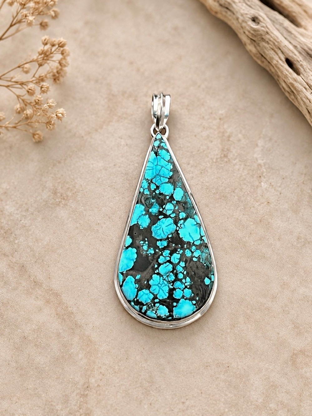 Huge XL Cloud Mountain 925 Silver Turquoise Teardrop Pendant